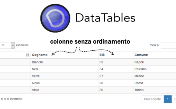 Disabilitare l’ordinamento per singole colonne di una jQuery DataTables