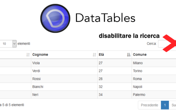 Disabilitare la ricerca in una jQuery DataTables