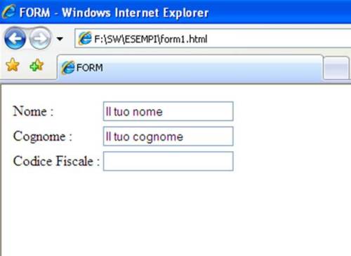 Form HTML esempio value